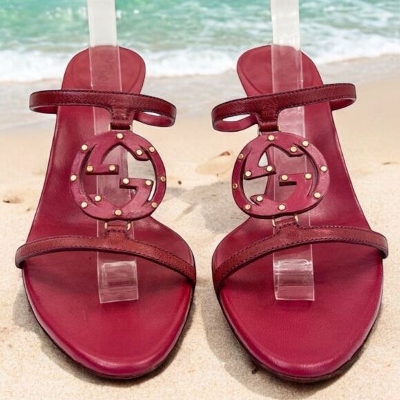 Authentic GUCCI Burgundy Interlocking GG Logo Mules Size 7.5 - Picture 2 of 16